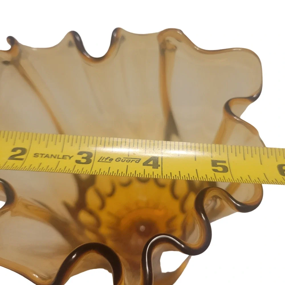 Vintage Fenton Amber Glass Vase‎ Scalloped Handkerchief Thumbprint Decor MCM